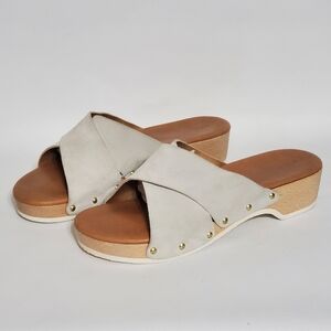 Donna Toscana Cream Leather Suede Mules with Wooden Sole